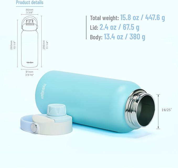 32oz Water Bottle with Comfort Grip Handle, HydroQuin Gym Water Bottle, Insulated Steel Water Bottle with Wide Mouth, No Straw