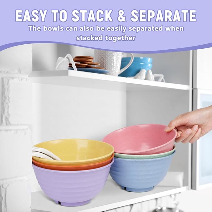 Cereal Bowls, 34 Oz Large Wheat Straw Dinnerware Sets of 6 with Spoon, Unbreakable Plastic Soup Bowls Reusable Microwave Dishwasher Safe for Salad Noodle Kitchen Breakfast, Multicolor