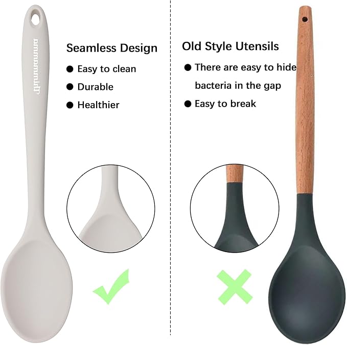 Slotted Solid Silicone Spoons Set for Cooking Dishwasher Safe, Heat Resistant White BPA Free Nonstick Kitchen Serving Spoon Mixing Spoons Basting Spoon Stirring