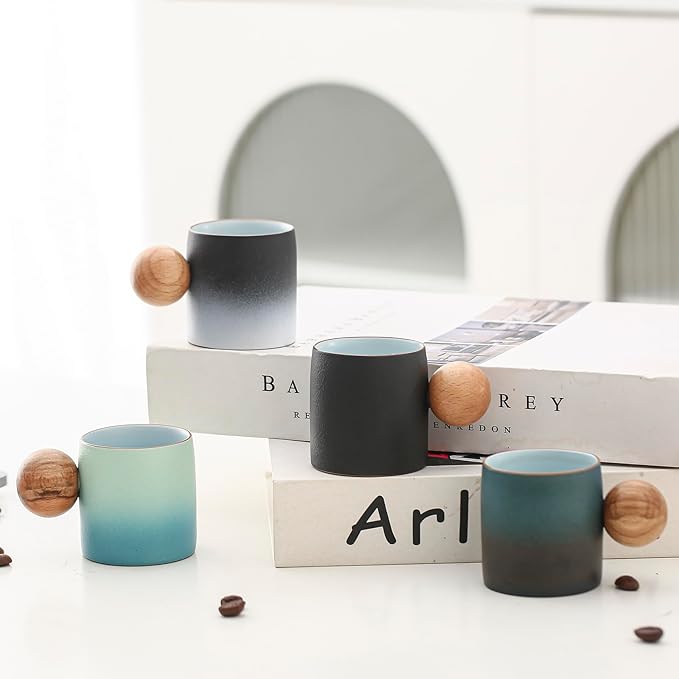 2-Oz Ceramic Espresso Cups with Wood Handle, 2/4-Piece Set for Coffee, Tea, Latte - Dishwasher Safe, Multi-Color & Wood Styles, Gift & Café Use (blueblack, Round Handle4)