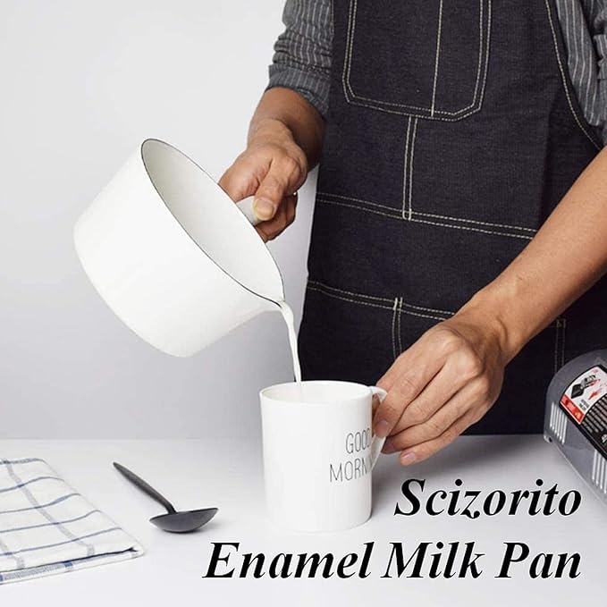 1.2L Enamel Milk Pan, Nonstick Milk Pot with Pour Spouts, Even Heat Conduction, Easy to Cook and Clean, Enamel Pot for Home Kitchen or Restaurant White