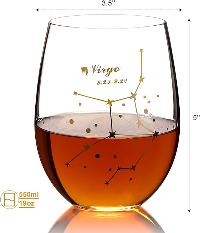 HOHY Virgo Wine Glass Virgo Birthday Gifts 20oz, Virgo Stemless Wine Glasses, Aastrology Zodiac Gifts Constellation Glass Define Design, Horoscope Gift, September Birthday Gifts for Women Men