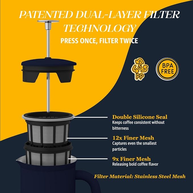 ESPRO P7 French Press Stainless Steel 304 – Patented Double Walled Micro-Filter Insulated French Press Coffee Maker, Grit-Free Brew - Heat Resistant BPA Free - Aegean Blue (32oz)