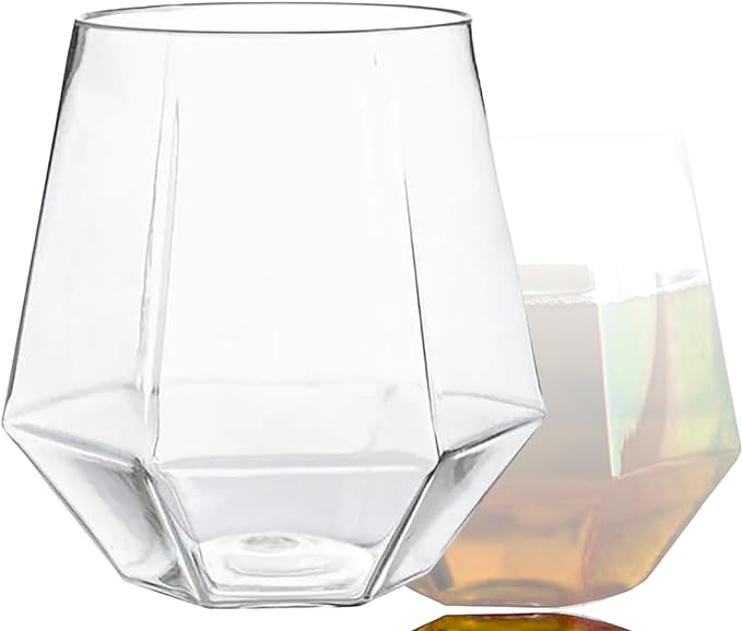40 count Diamond Unbreakable Stemless Plastic Wine Champagne Whiskey Glasses Elegant Durable Disposable Indoor Outdoor Ideal for Home, Office, Bars, Wedding, 12 Ounce Cups (Clear)