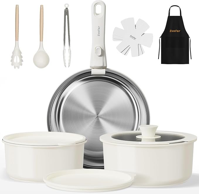 14 pcs Stainless Steel Cookware Set, Detachable Pots and Pans Set with Removable Handle, Non Toxic Space Saving RV Camping Cookware Set, Induction Cookware, Dishwasher & Oven Safe