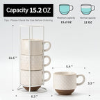Large Ceramic Coffee Mug Set of 4 with Stand, 15 Oz Stackable Different Embossment Ribbed Latte Cup Set for Cappuccino, Tea, Hot Cocoa, Drinks - Dishwasher & Microwave Safe, Off White