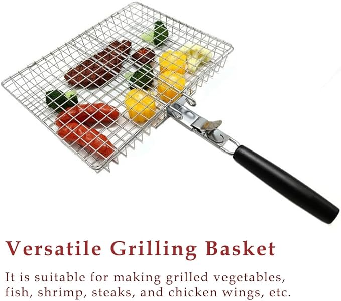 Large Grill Basket Set with Heat-Resistant Gloves & Skewers - Heavy Duty 304 Stainless Steel Folding BBQ Rack for Fish, Meat, Vegetables, Tailgating, Camping Gift for Grill Masters (Dad/Husband)