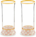 MACKENZIE-CHILDS Highball Glasses, Tall Drinking Glasses with Gold Rims, 15 Ounces, Set of 2, Pink-and-White Rosy Check