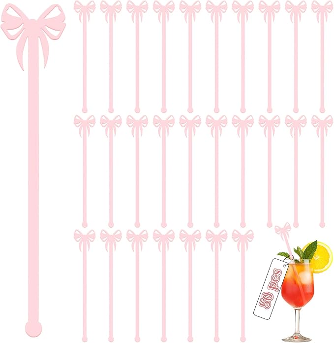 50 Pcs Bow Drink Stirrer, Reusable Acrylic Cocktail Stirrers, 15 cm / 6 in Pink Bow Swizzle Stir Sticks for Cocktails Coffee Bachelorette Party Wedding Festival Decoration
