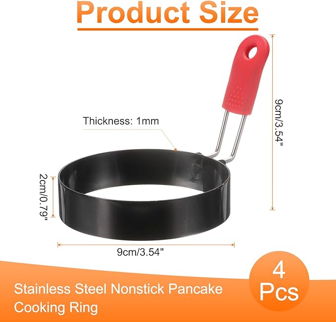 HARFINGTON 4Pcs Egg Rings 3.5" Stainless Steel Nonstick Pancake Cooking Ring with Silicone Handle for Griddle Frying Eggs Sandwich Omelets Breakfast