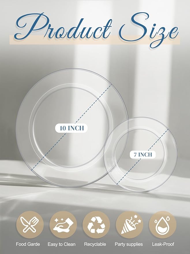 WDF 200PCS Clear Plastic Plates for Party - Heavy Duty Clear Disposable Plates - 100 x 10"Dinner Plate and 100 x 7" Dessert/Cake Plastic Plate for Weddings/Traval/Party/BBQ/Events