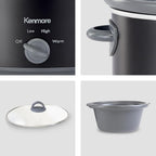 Kenmore Slow Cooker - 5 Lb Chicken 3 Lb Roast Mini Crock Pot With Glass Lid, Stainless Steel Electric Cookers, Warm Rice & Sous Vide Stew, Soup, Lunch, Dishwaher Safe Non-Stick Ceramic Insert, 5 Quart