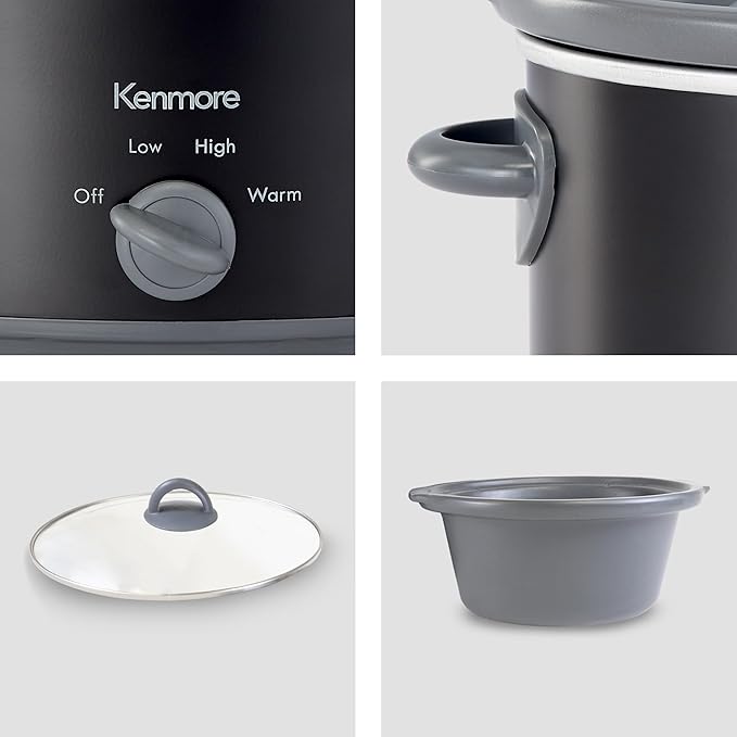 Kenmore Slow Cooker - 5 Lb Chicken 3 Lb Roast Mini Crock Pot With Glass Lid, Stainless Steel Electric Cookers, Warm Rice & Sous Vide Stew, Soup, Lunch, Dishwaher Safe Non-Stick Ceramic Insert, 5 Quart