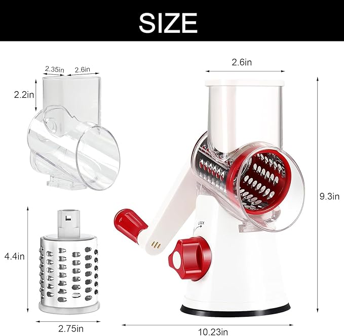 Cambom Rotary Cheese Grater Hand Crank Cheese Shredder for Fresh Cheese, Vegetable, Nuts,Non-slip Suction Base, Free Cleaning Brush Three Blades,Red White