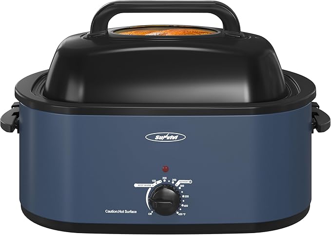 Sunvivi 26lb 22-Quart Roaster Oven, Electric Roaster Oven with Viewing Lid, Turkey Roaster with Unique Defrost/Warm Function, Large Roaster with Removable Pan & Rack, Stainless Steel, Blue