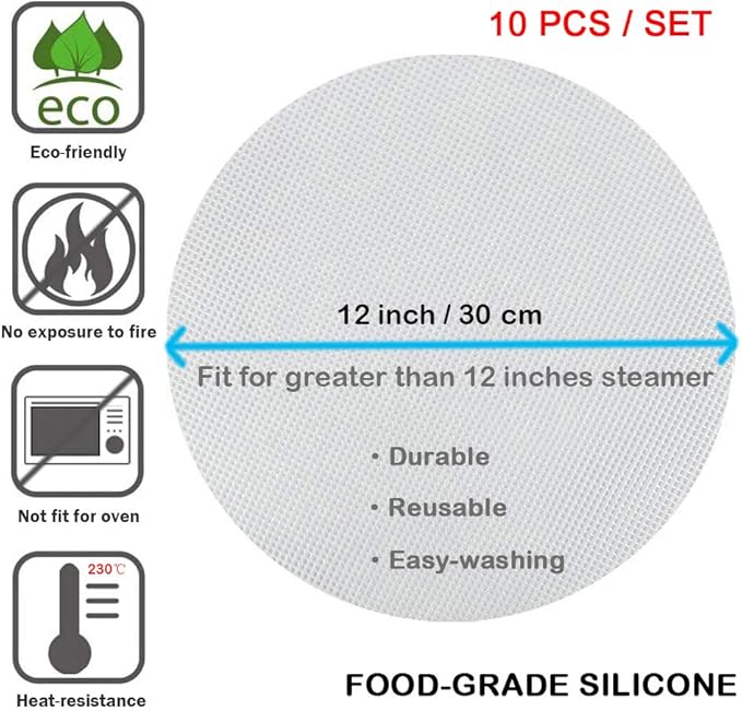 LadayPoa 10Pcs 10 inch Reusable Round Silicone Steamer Liners Non-stick Silicone Steamer Mesh Mat Pad Dim Sum Mesh for Home Kitchen or Restaurant (10 inch)