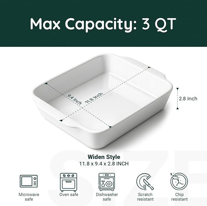 3 QT Wide Ceramic Baking Dish, White Casserole Dish with, Lasagna Pan for Oven, Ceramic Baking Pan, Kitchen Decor, Microwave Oven Safe, Dinner, Wedding (9.4" x 11.8")