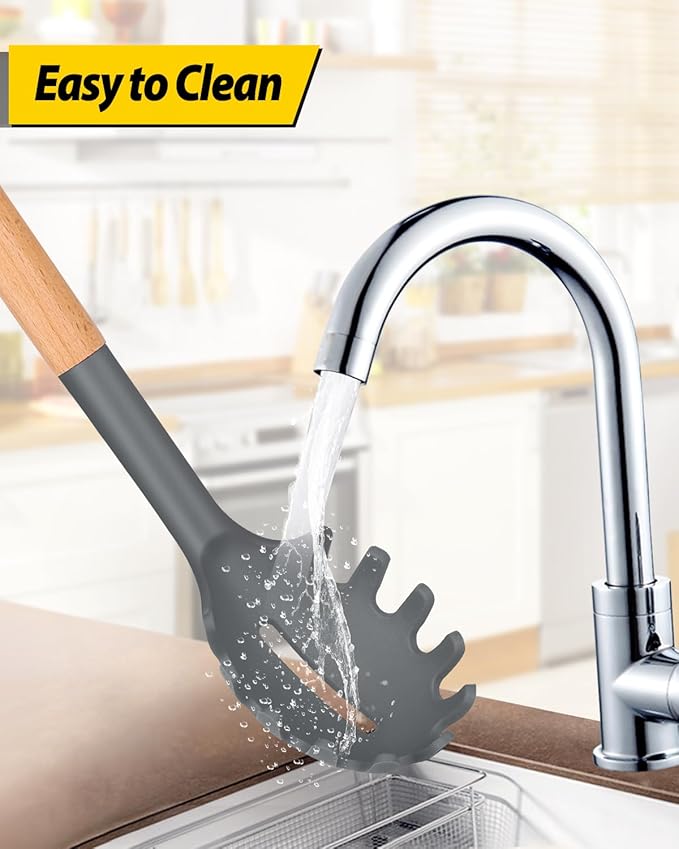 Silicone Pasta Fork and Ladle Spoon Set with Wooden Handle, Heat Resistant Non Stick Kitchen Utensils for Cooking, Stirring, Serving Spaghetti, Soup, Sauce(GRAY)