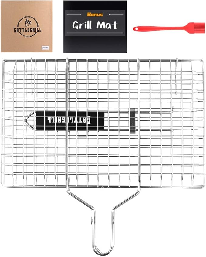 Foldable BBQ Fish Grill Basket with 430 Stainless Steel, Grill Set Includes: a Reusable Grill mat and a basting Brush.