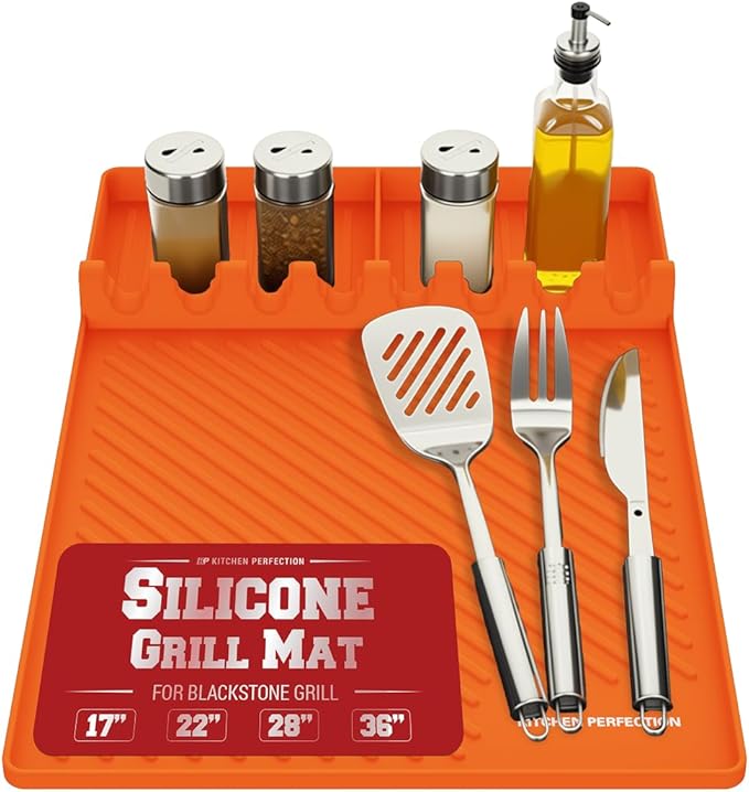 Kitchen Perfection Silicone Grill Mat for Blackstone Griddle Accessories - Silicone Tools & Spatulas Mat with Drip Pad - Keeps Your Griddle Clean and Your Utensils Organized - Great BBQ Gift