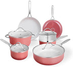 Kitchen Pots and Pans Set Non Stick, 11 Pcs Ceramic Cookware Set with Stay-Cool Handle, Pot and Pan Set NonToxic PFOA/PFAS Free, Dishwasher/Oven Safe, Evenly Heats, Enamel Exterior - Coral Red