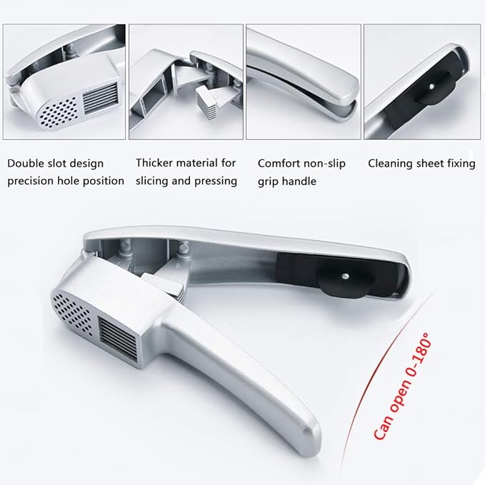 Garlic Press 2-in-1 Mincer, Crusher and Slicer with Peeler & Brush – Rustproof, Dishwasher Safe, Ergonomic Handle for Easy Squeeze and Cleaning