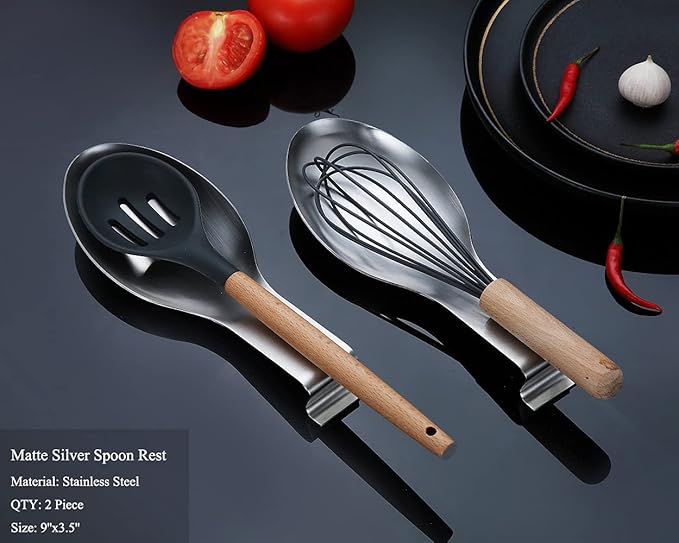 Matte Silver Stainless Steel Spoon Rest, 2-in-1 Stove Top Holder for Ladles, Tongs, Spatula, Pot Lid - Dishwasher Safe (2PC-9.5 Inch)