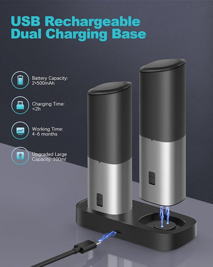 Ultrean Pepper Grinder, Rechargeable Gravity Salt and Pepper Grinder with 6 Adjustable Coarseness, LED Light, One-Hand Automatic Operation, Stainless Steel, Gifts for Father‘s Day