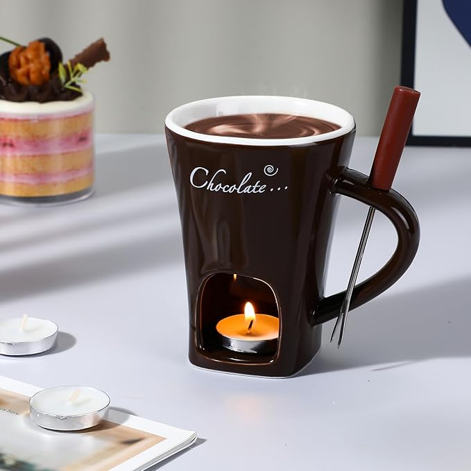 Honeydak Chocolate Fondue Mug with Fork and Candle Sweet Ceramic Personal Chocolate Melting Cup Chocolate Fondue Mug Ideal Gifts for Birthday Date Night Birthday Wedding Gifts (Brown)