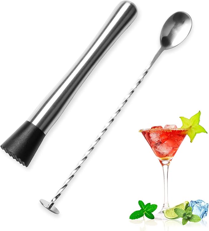 10 Inch Stainless Steel Cocktail Muddler and Mixing Spoon, Home Bar Tool Bartender Set for Cocktails Mojitos Ice Margaritas Mint & Fruit Drinks, Silver, 10x4x1.5 inch