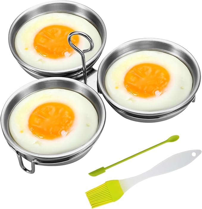 Stainless Steel Egg Poacher - 3 Cup Nonstick Poached Egg Maker with Oil Brush and Spoon for Breakfast
