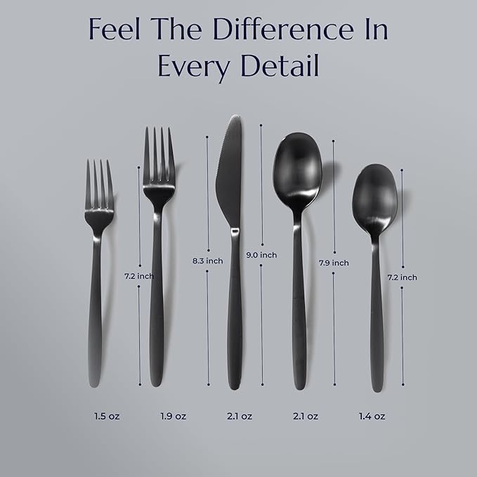 JazzUpCo Tia Flatware non toxic 18/10 stainless steel dishwasher safe (Matte Black, 4 Person Set (20 Pieces))