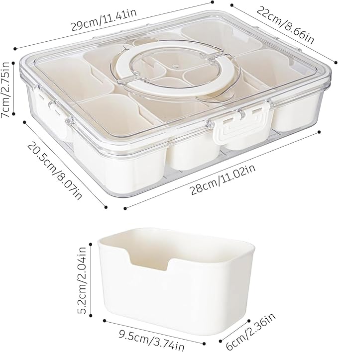 Divided Snack Serving Tray with Lid and Handle travel Snackle Box Charcuterie Container Portable Storage Organizer for Candy, Fruits, Nuts, Snacks 1Pack White