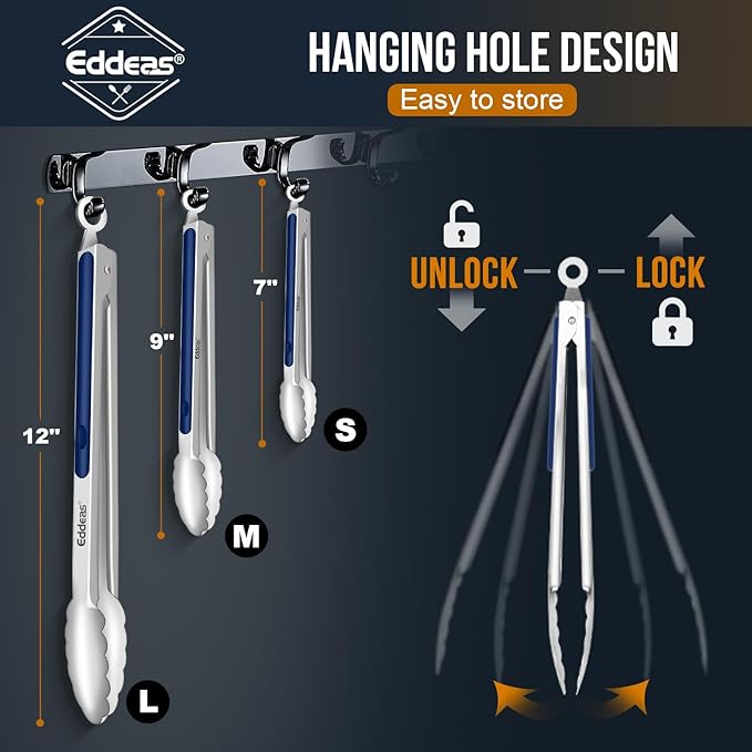 Tongs For Cooking - Heat Resistant 600 Degrees Stainless Steel Kitchen Tong, Heavy Duty Metal Locking Tongs - For Food,Salad, grilling, BBQ 7",9" & 12 inch, set of 3 Dishwasher Safe Blue