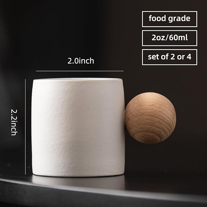 2-Oz Ceramic Espresso Cups with Wood Handle, 2/4-Piece Set for Coffee, Tea, Latte - Dishwasher Safe, Multi-Color & Wood Styles, Gift & Café Use (white, Round Handle2)