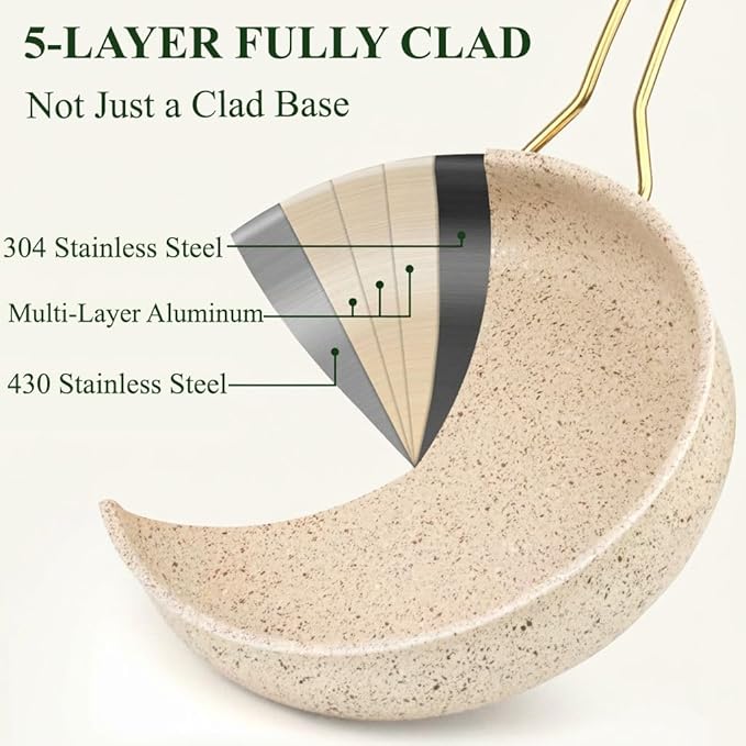 Fully Clad 5-Ply Stainless Steel Cookware Set, 12Pcs Nonstick Pots and Pans Set with Stay-Cool Handles, Induction Compatible, Stackble Design, Includes with Frying Pan, Saucepans and Saute Pan (Beige)