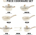 DisDelight Pots and Pans Set Non Stick, Nonstick Induction Granite Kitchen Cookware Sets, Induction Nonstick Granite Cooking Set, Induction Cookware Cooking Pan Set, Pan Sets for Cooking, Cream White