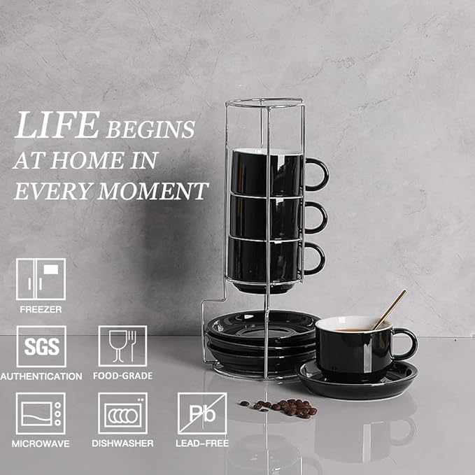 Sweejar Porcelain Cappuccino Cups with Saucers and Metal Stand, 8 Ounce Stackable Espresso Cups for Specialty Coffee Drinks, Latte, Americano, Tea - Set of 4 (Black)