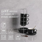 Sweejar Porcelain Cappuccino Cups with Saucers and Metal Stand, 8 Ounce Stackable Espresso Cups for Specialty Coffee Drinks, Latte, Americano, Tea - Set of 4 (Black)