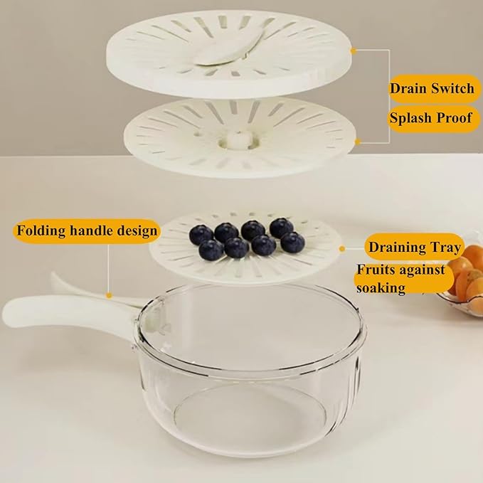 4Pcs Kitchen Colanders Bowl, Multipurpose Draining Basket with Lid & Handle, Fruit Cleaning Bowl with Strainer, Fruit Washing Storage Container, Portable Fruit Washing Bowl (2xBrown,2xWhite)