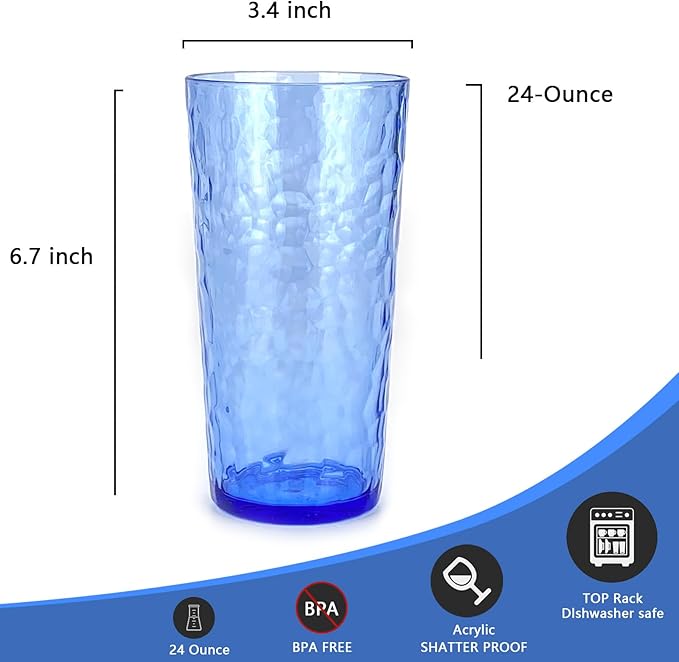 Yalin 24-Ounce Plastic Tumbler Acrylic Drinking Glasses, Reusable Plastic Cups, Stackable, BPA-Free, Shatter Proof, Dishwasher Safe, Set of 8 (Blue)