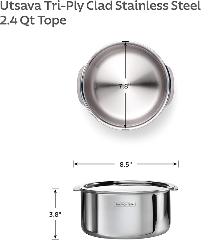 Tramontina Utsava 2.4-Quart Tri-Ply Clad Stainless Steel Tope with Lid, Patila Pot for Indian Cooking