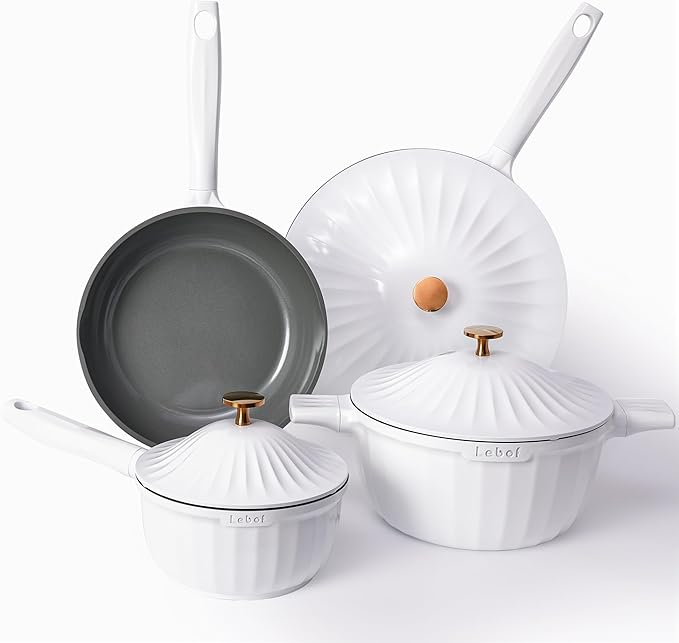 Nonstick Ceramic Cookware Set (7 Piece)–Titanium Cast Aluminum Pots and Pans Set with Lids, Non Toxic PFAS-Free Compatible with All Stovetops–Pearl White