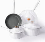 Nonstick Ceramic Cookware Set (7 Piece)–Titanium Cast Aluminum Pots and Pans Set with Lids, Non Toxic PFAS-Free Compatible with All Stovetops–Pearl White