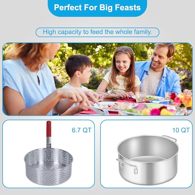 10QT Outdoor Fish Fryer Kit – Heavy-Duty Aluminum Pot & 6.7QT Basket, Propane Deep Fryer for Seafood, Turkey, Chicken & More