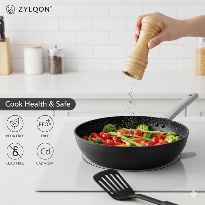 15-Piece Nonstick Cookware Set, Pots and Pans with Ceramic Coating, PFOA Free, Induction Ready with Stay-Cool Handles, Dishwasher Safe, Works with All Stovetops, Black/Grey Speckle