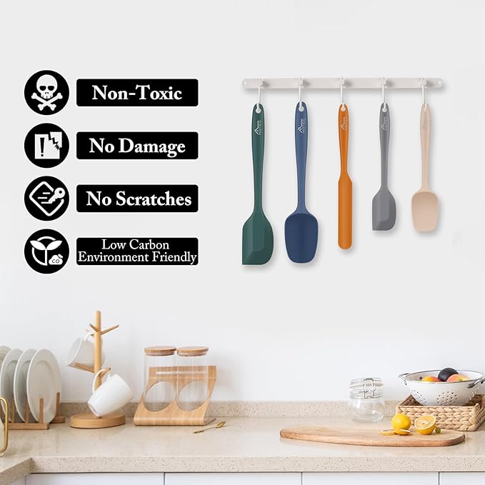 HOTEC Heat Resistant 600℉ BPA-Free Silicone Rubber Spatula Set for Baking, Cooking, and Mixing Non Stick Dishwasher Safe, Neutral Set of 5