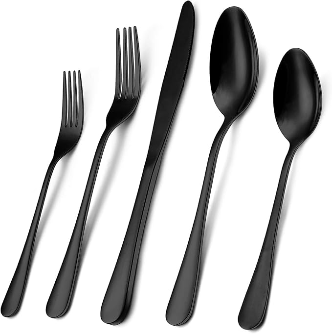 Wildone 20-Piece Black Silverware Set, Stainless Steel Flatware Cutlery Set Service for 4, Tableware Eating Utensils Include Knives/Forks/Spoons, Mirror Polished, Dishwasher Safe