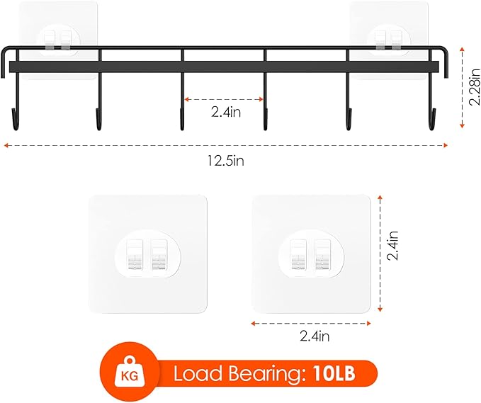Myfolrena Adhesive Kitchen Hooks Utensil Hanger Holder Hanging Rack 2 Pack, Hanging Rack Wall Mounted Kitchen Rail for Spoons Pot Coffee Mug Cups Tags(Black)
