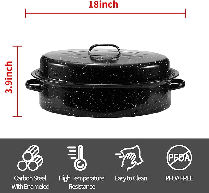 Granite Roasting Pan, 18” Enameled Roasting Pan with Domed Lid. Oval Turkey Roaster Pot, Broiler Pan Great for Turkey, Chicken, Lamb, Vegetable. Dishwasher Safe Cookware Fit for 18Lb Turkey by Kendane